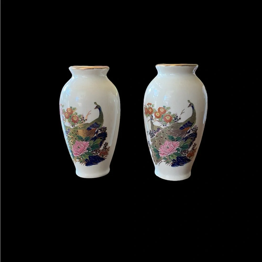VTG Japanese Satsuma Style Mini Bud Vases 2 Peacock & Floral Ceramic Porcelain